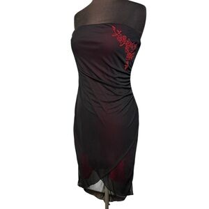 Y2K Whimsigoth Black Strapless Mesh Overlay Dress Sz L Red Floral Beaded Glam